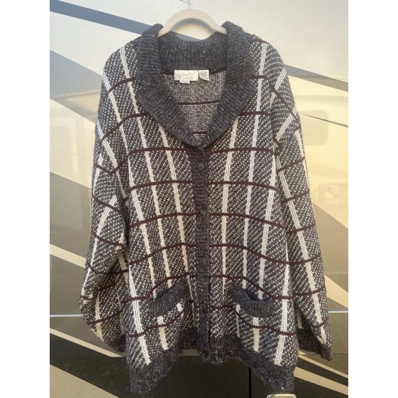 Vintage 90s Schroder Custom gray red plaid shawl cardigan 2X academia retro - Picture 1 of 7